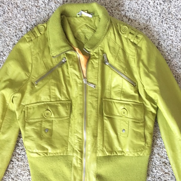 Bright Green Bomber Jacket - faux Leather - Picture 3 of 4